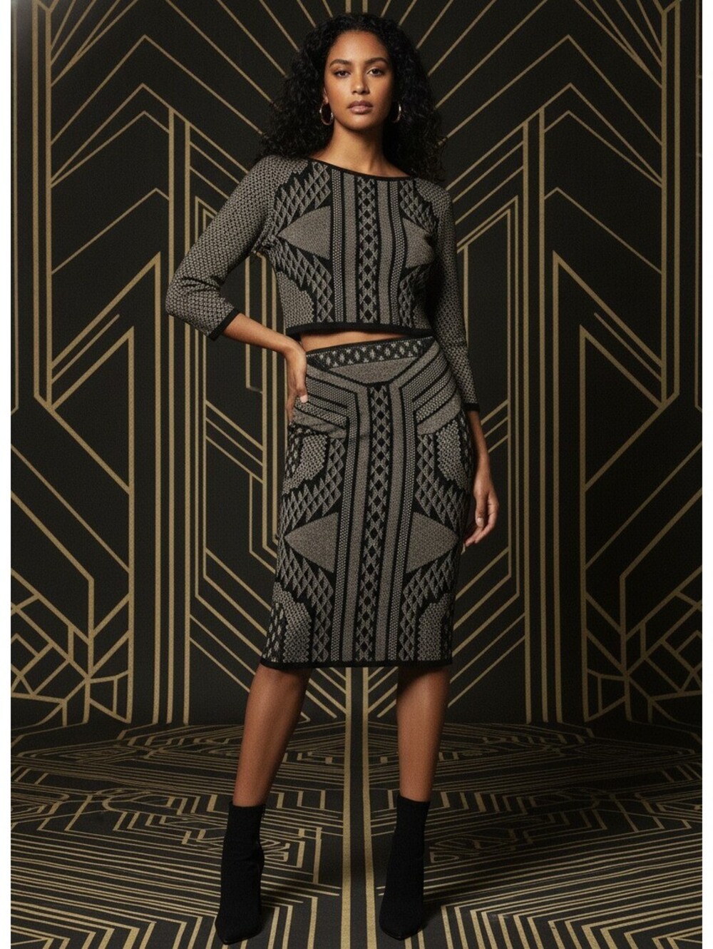 Hera Collection Metallic Gold Knit Skirt 2 Pc Set Size L Crop Top Midi Geo Goth